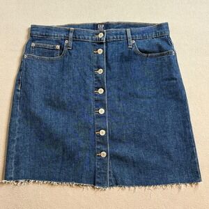 GAP Women Denim Button Front A-Line Skirt Blue Size 12 Raw Hem